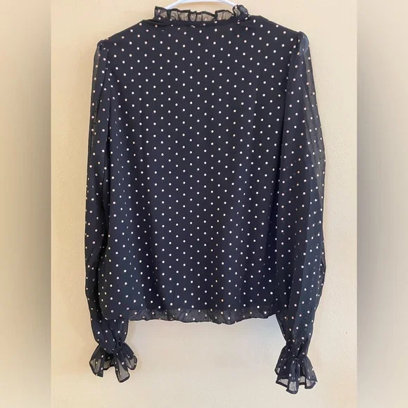 Black with Gold Polka Dot Long Sleeve V-Neck Blouse Sz-Medium - Picture 5 of 9